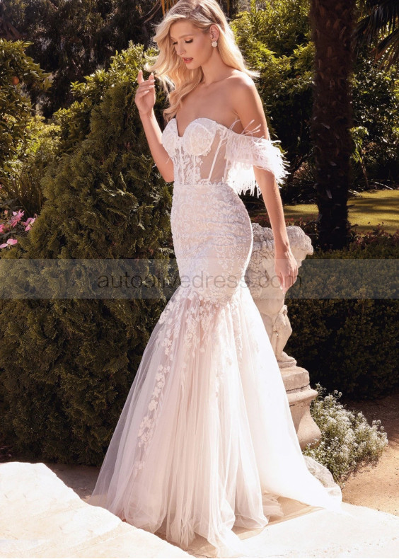 Strapless Ivory Lace Tulle Wedding Dress With Detachable Feather Cape
